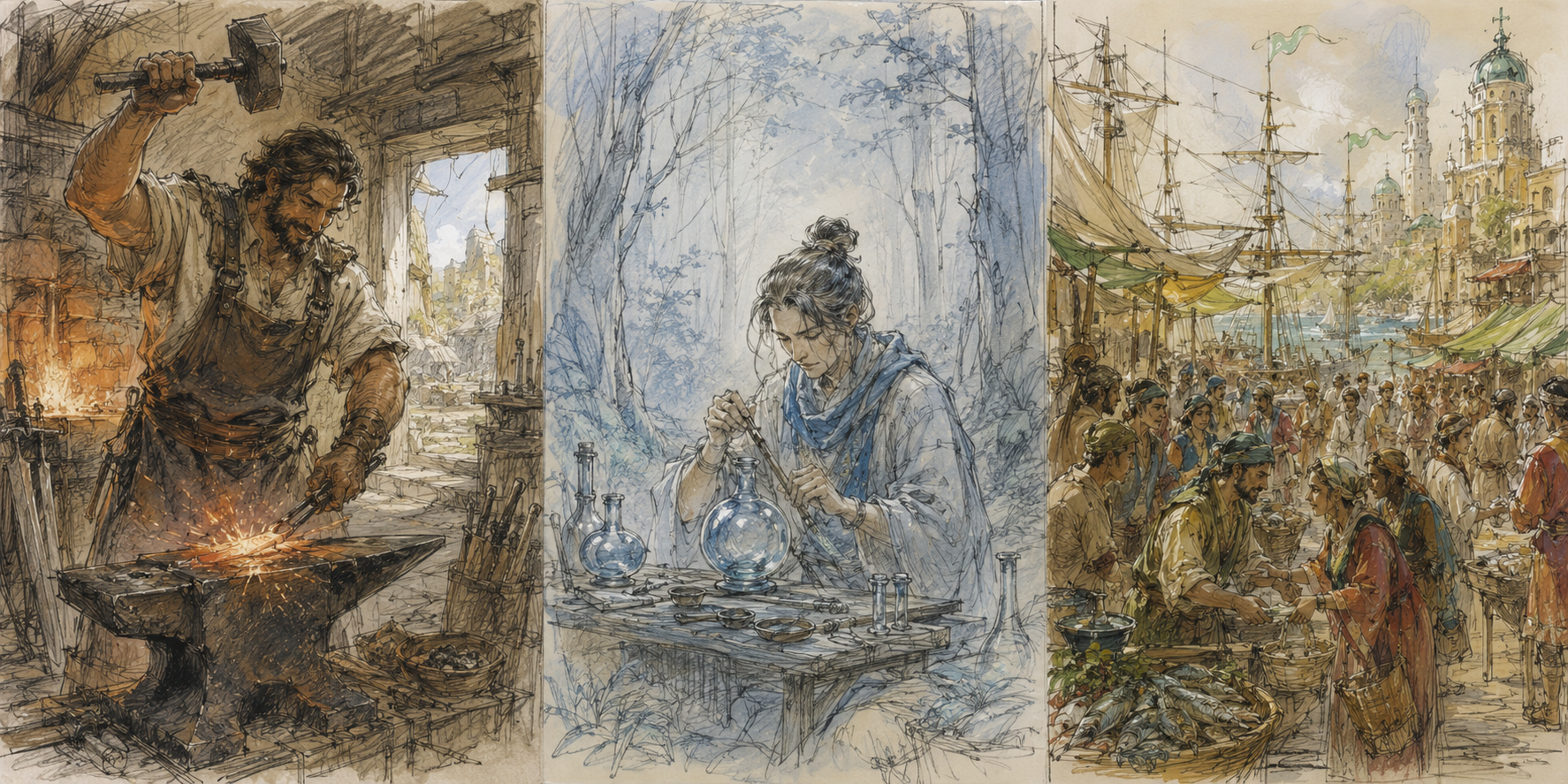 Three hand-drawn studies from the TabletopIQ world