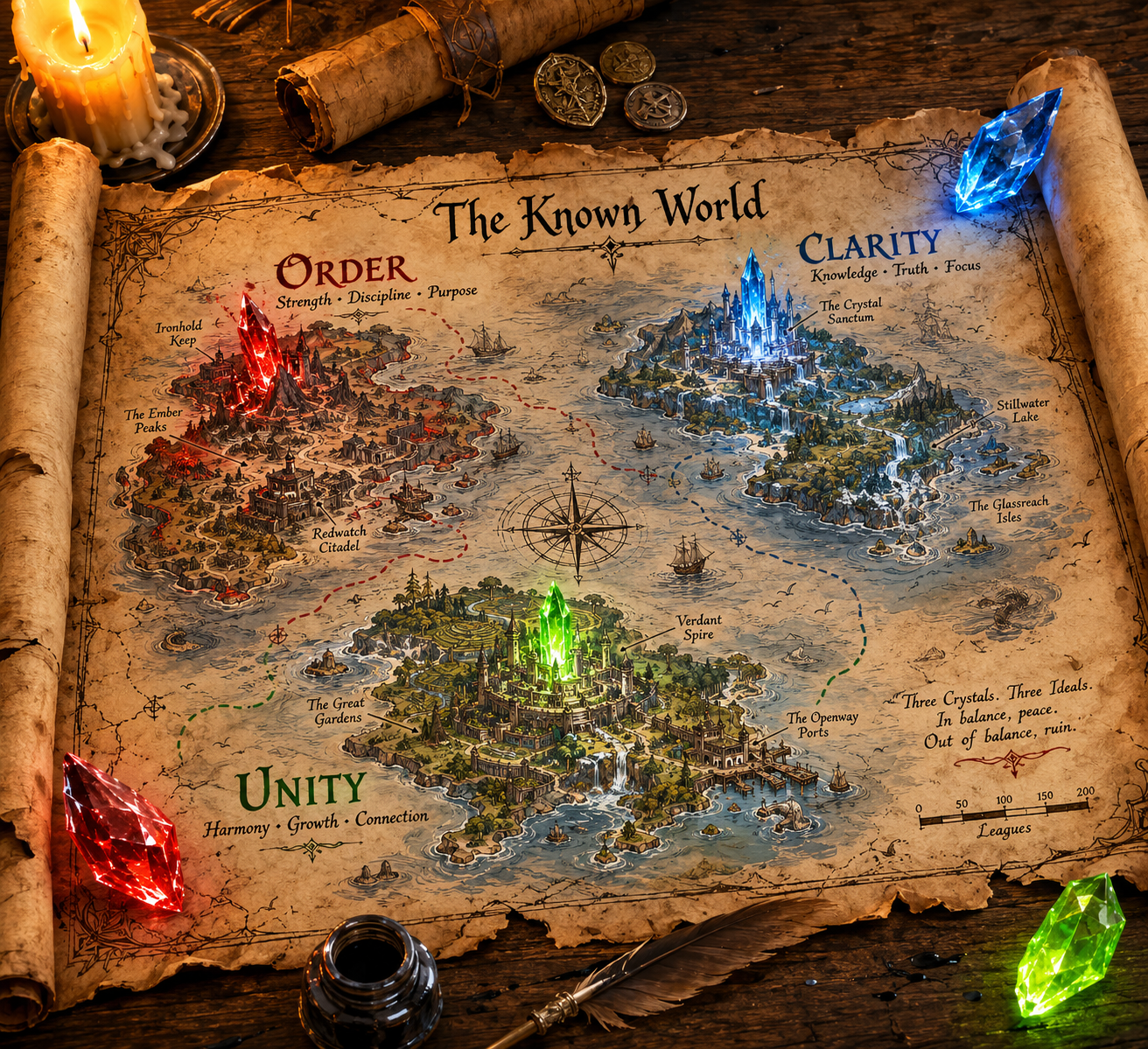 An illustrated map of the TabletopIQ world with three glowing crystals